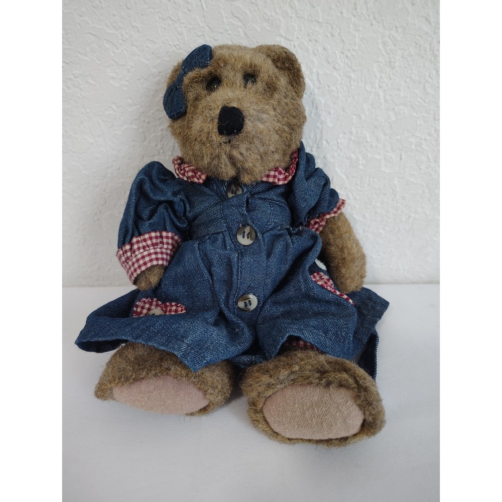 Vintage Boyds Emmy Lou Plush Teddy Bear Brown W/ Denim Dress Red Plaid - 1996